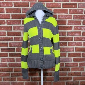 Kirra Striped Hooded Cardigan Sweater Neon Green Gray Button Pockets Medium